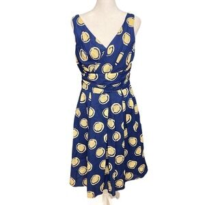 Vera Wang Lavender Label Polka Dot Wrap Dress V Neck Sleeveless Navy Gold Size 6